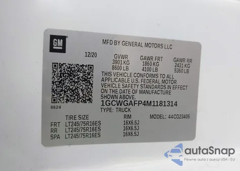 2021 Chevrolet Express Cargo Rwd 2500 Regular Wheelbase Wt from USA, damaged, VIN 1GCWGAFP4M1181314